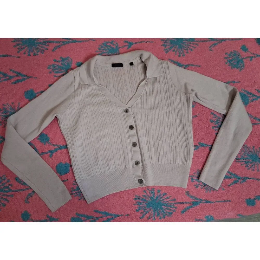 ATM womens large cropped sweater beige cream merino wool spring summer soft